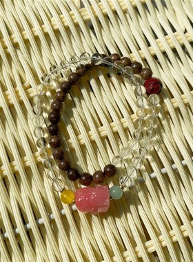 天然沉香手链女盐源凤九朱砂莲花白水晶复古国风双圈手串手饰品