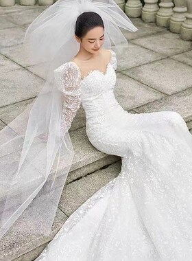新娘主婚纱中长款头纱蓬蓬纱森系新款求婚拍照写真跟妆样片头饰