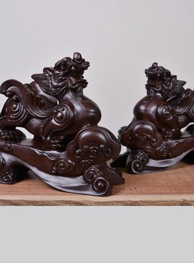 黑檀实木貔貅摆件皮丘木头一对木雕客厅办公室装饰开业送礼工艺品