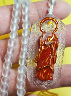 过去佛 燃灯古佛琉璃吊坠佛牌 观世音贴金鎏金彩绘男女信众佛珠链