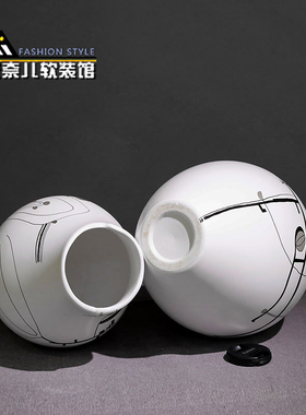 创意手绘图案白色陶瓷花瓶家居客厅玄关样板房艺术插花器软装摆件