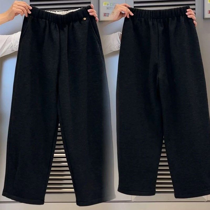 深灰色直筒休闲裤女2024秋冬新款胖妹妹mm高腰弹力显瘦毛呢卫裤潮,淘宝优惠券,粉丝福利购,淘宝优惠卷