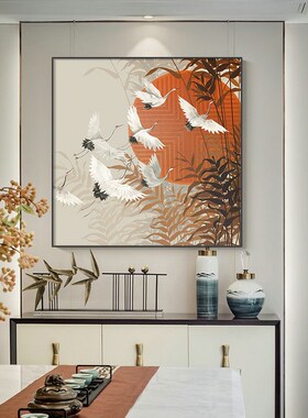 仙鹤送福红色现代新中式入户玄关装饰画开运客厅餐厅软装挂画