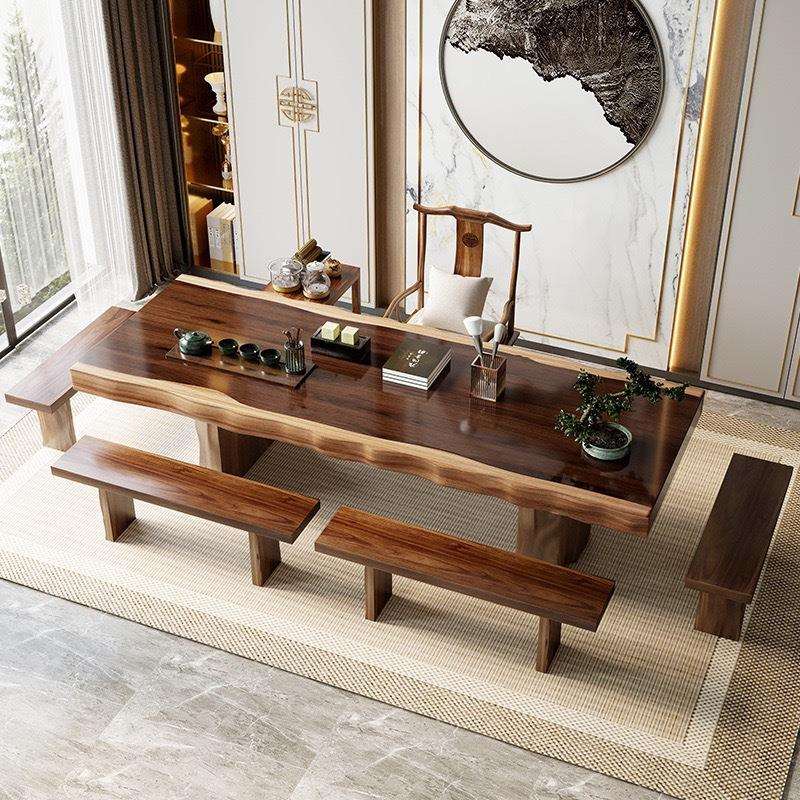 新中式自然边大板实木茶桌全套组合原木不规则茶台办公室泡茶桌椅 - 图0