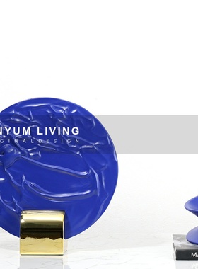 现代简约金属底座亮o蓝屏风摆件轻奢软装饰品样板房间售楼处酒店