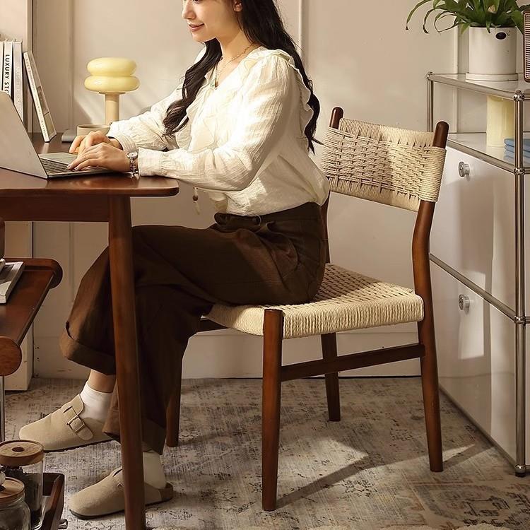 北欧原木餐椅简约手工绳编靠背椅家用书房卧室实木椅子餐厅麦田椅 - 图2