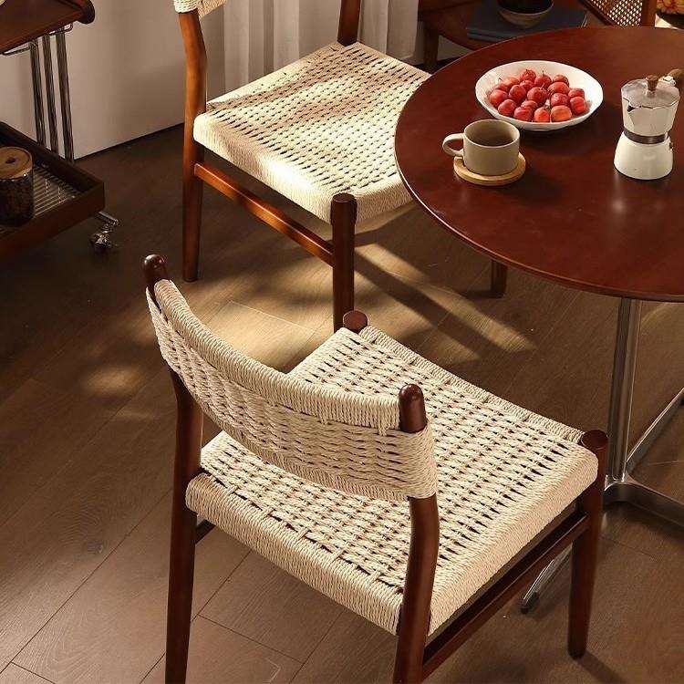 北欧原木餐椅简约手工绳编靠背椅家用书房卧室实木椅子餐厅麦田椅 - 图0