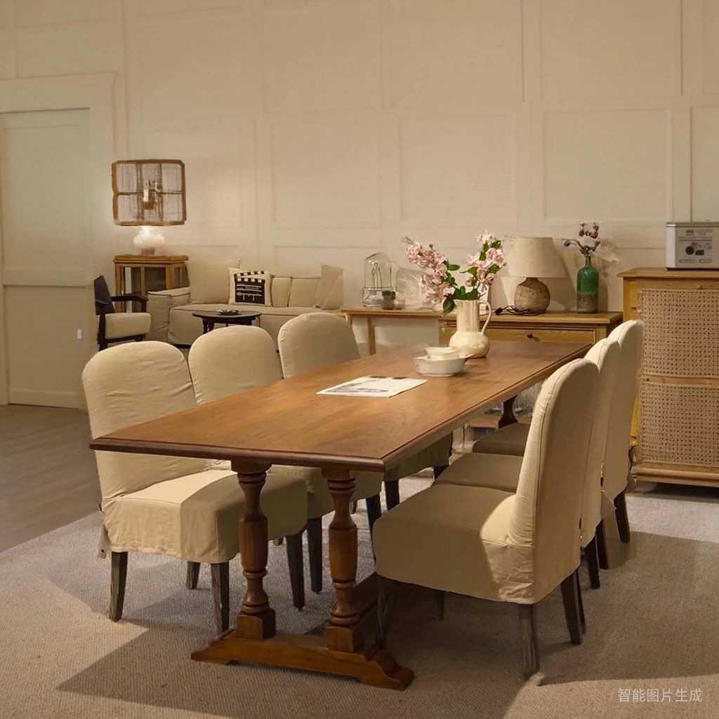 美式复古实木餐桌法式客厅家用饭桌设计师办公长桌原木大板会客桌 - 图3