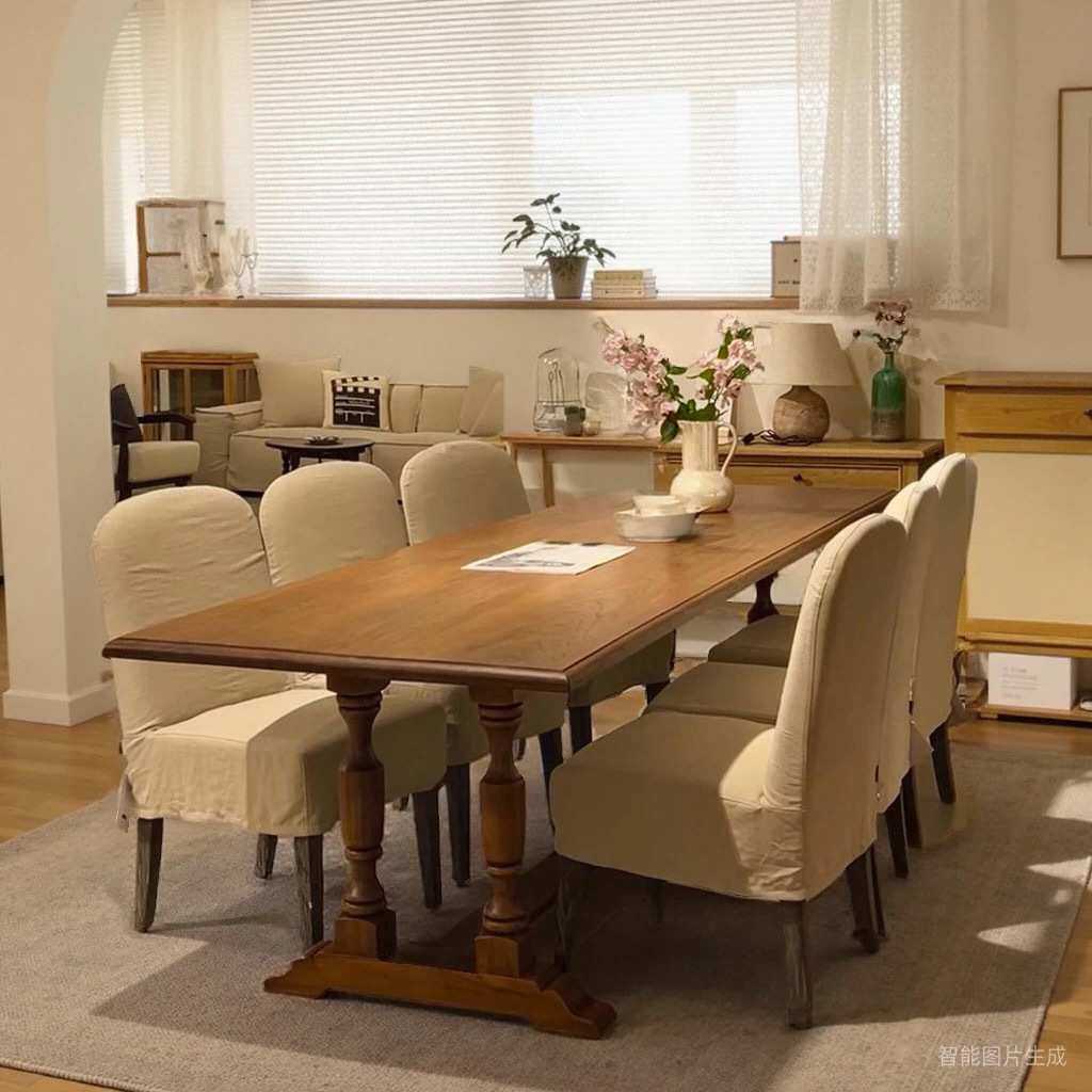 美式复古实木餐桌法式客厅家用饭桌设计师办公长桌原木大板会客桌 - 图2