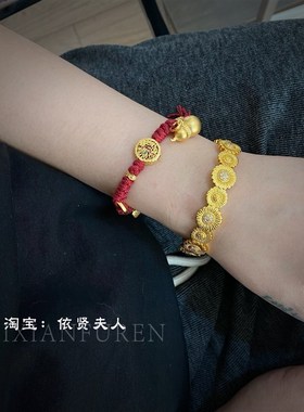 古法金手工錾刻锤l纹葫芦吊坠藏式男女款流苏手搓棉红绳盘缠手錬