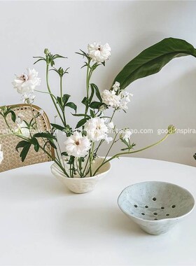 小众艺术设计插花器 韩式陶瓷花插滤水碗家居装饰品摆件复古粗陶
