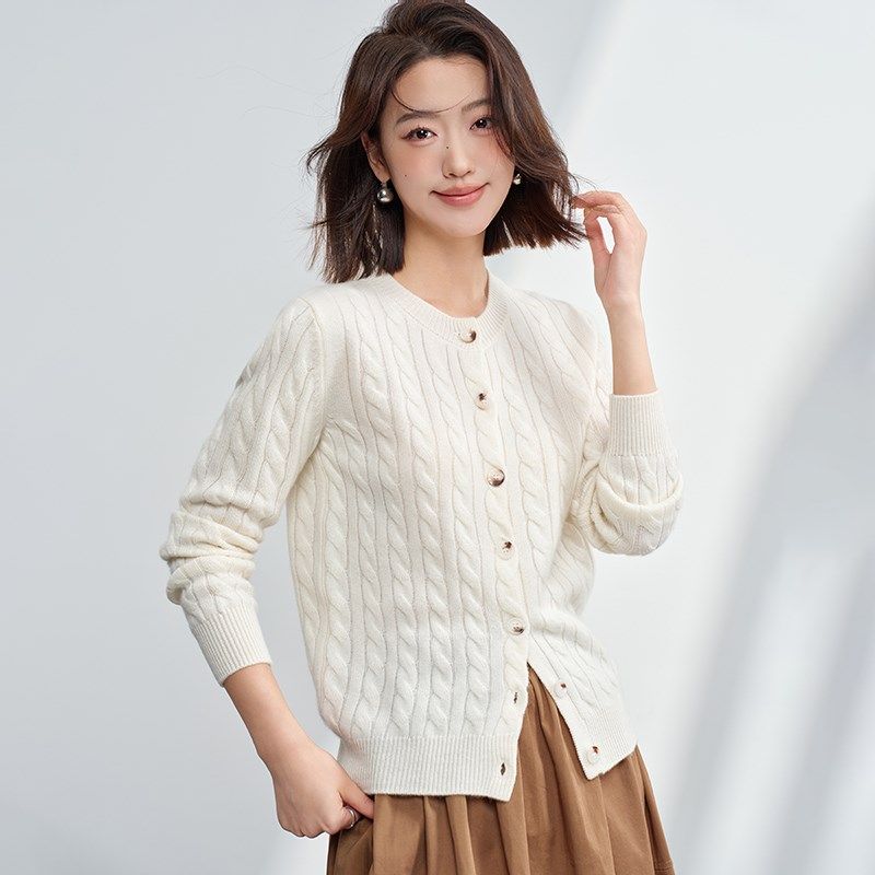 24秋冬新款100纯山羊绒衫女圆领麻花开衫宽松时尚外搭针织打底衫,淘宝优惠券,粉丝福利购,淘宝优惠卷