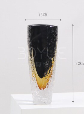 轻奢现代风创意锤纹切割黑色渐变琥珀琉璃花瓶样板间客厅软装摆件