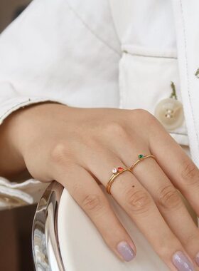 日系法式清新显白缤纷款白红叠掉指环不彩细多戒指戴色绿色可水洗