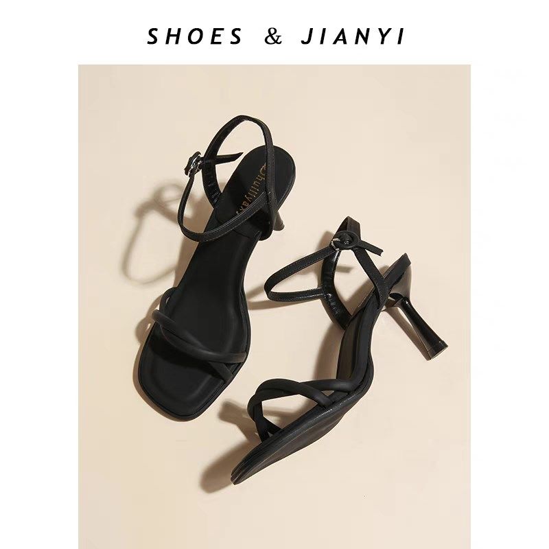 法式小众简约风黑色高跟凉鞋女夏2025新款交叉一字绑带细跟高跟鞋,淘宝优惠券,粉丝福利购,淘宝优惠卷