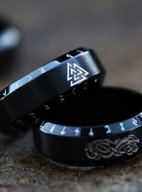 纹指环女黑色钛钢戒指卢恩符文龙复古命之男维京北欧个性树生简约
