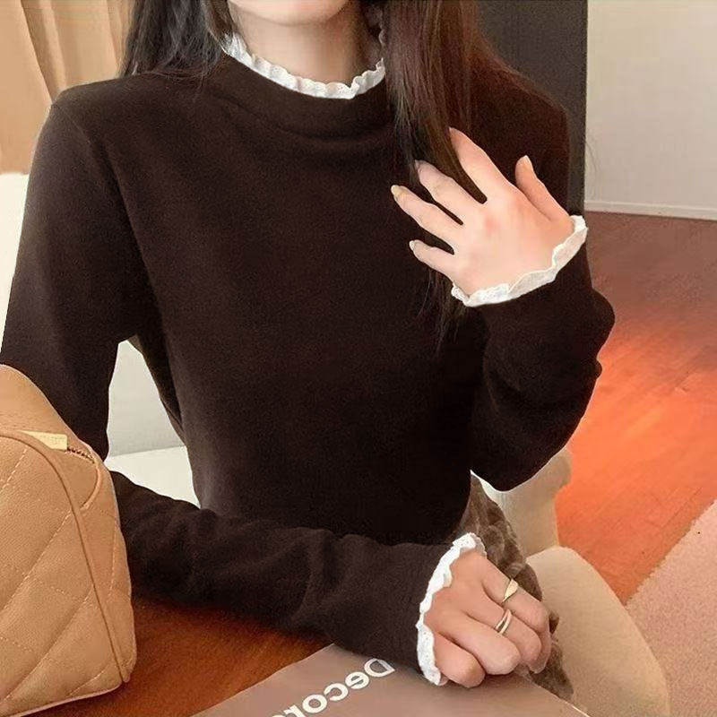 花边拼接半高领打底衫女秋冬双面磨毛修身设计感针织衫内搭ak