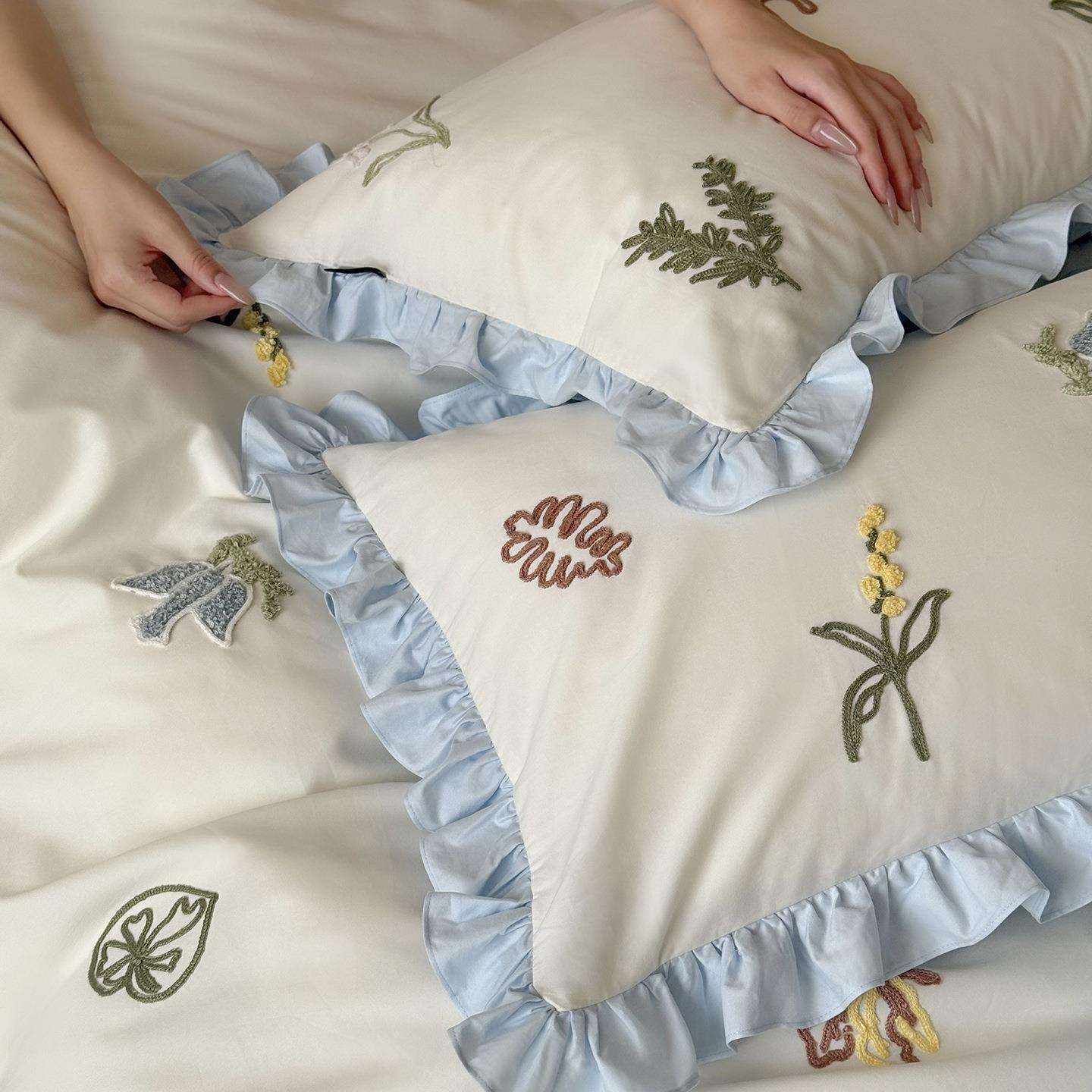 秋冬软糯100支长绒棉磨毛四件套少女心纯棉刺绣床单被套加厚4件套 - 图1