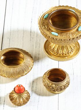 家用黄铜雕花壶式用品盒藏办公室摆件八吉祥米用粮供具修米民族