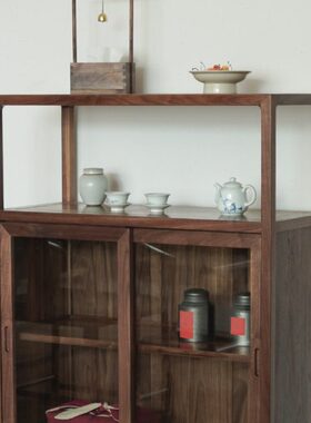 储物黑胡桃木美北新中式实木餐边柜收纳餐厅置物架九间茶室房边柜