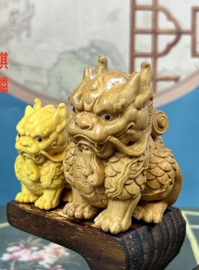 黄杨木麒麟招财手把件摆件