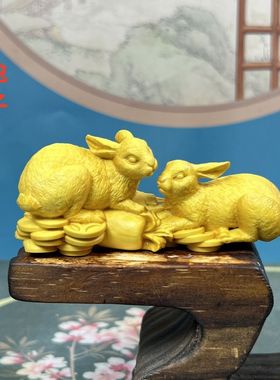 黄杨木雕刻招财对兔手把件摆件