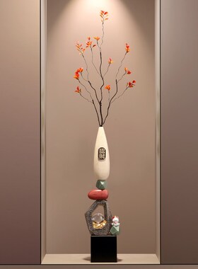 石来运转花瓶落地摆件进门屏风客厅隔断玄关造景红果竖长条装饰品
