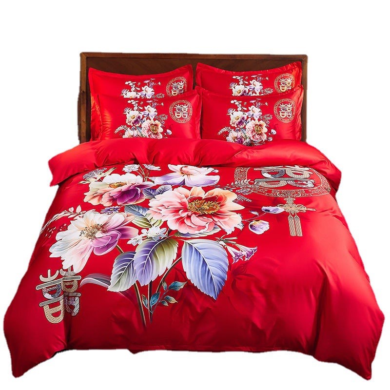 新婚床上四件套新款婚庆大红色加厚床单婚礼礼品双人被罩床上用品 - 图3