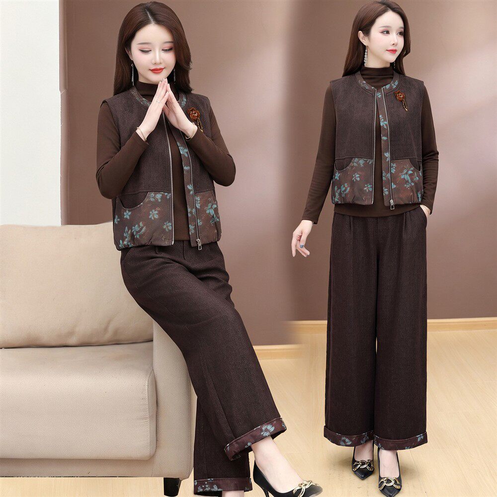 High-end national style vest trousers 2026 new style female autumn middle-aged mother's popular high-end three-piece set this year