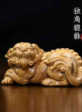 天然绿檀木独角貔貅摆件招财转运手把件创意原木文玩桌面装饰礼品