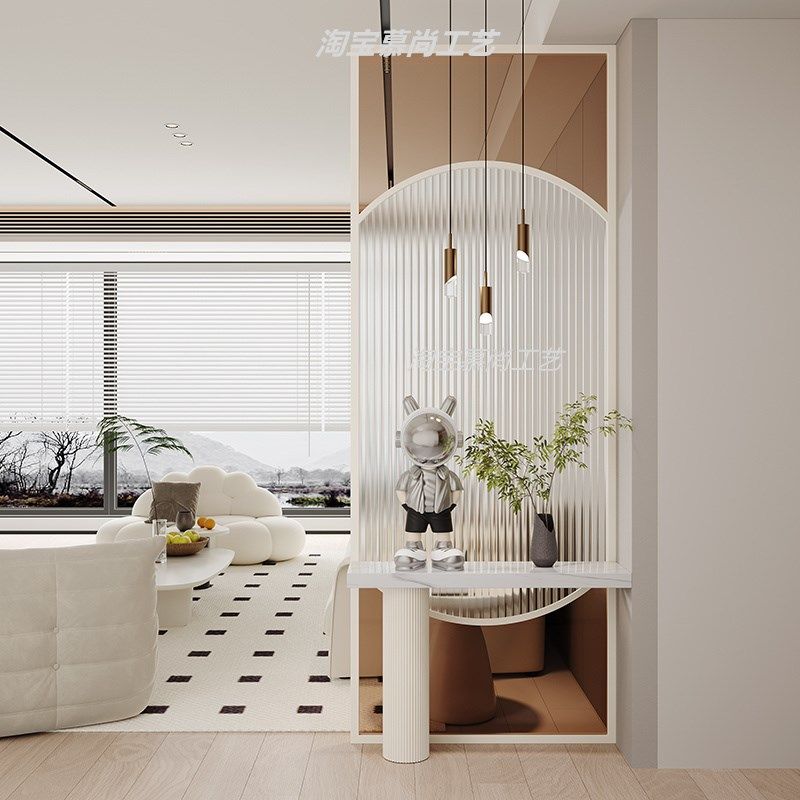 奶油风轻奢高级感玄关柜入户正对门玻璃屏风隔断客厅X简约装饰遮 - 图1