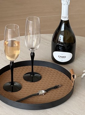 轻奢皮质首饰入户玄关收纳盘子皮革E香薰托盘法式饰品客厅桌面摆