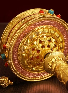 学院款金银色手摇转金轮大号转经简底座树脂铜八吉祥双层家用实木