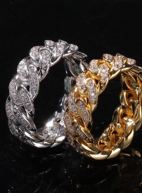 欧美嘻哈古巴链戒指女满镶钻镀金潮O流男士锆石情侣戒指