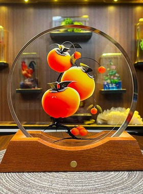 内雕圆形客厅高级感艺术品摆件酒柜大红公鸡水Q晶装饰品结婚送礼