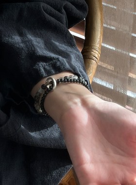 一十七手作 原创国风实心足银999平F安扣黑曜石黑发晶双圈情侣手