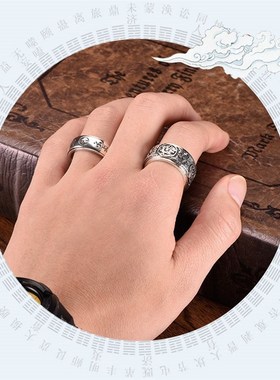 925足银四神兽戒指男士霸气复古个E性时尚单身潮人宽版扳指食指环