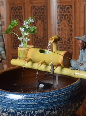 鱼缸过滤器竹子循环流水制氧客厅养鱼水缸池造P景陶瓷流水生财摆