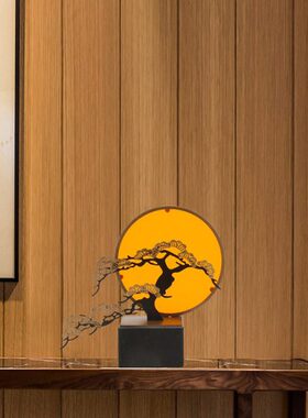 创意迎客松摆件酒店软装铁艺玄关禅意摆设茶室新中式饰品艺术雕塑