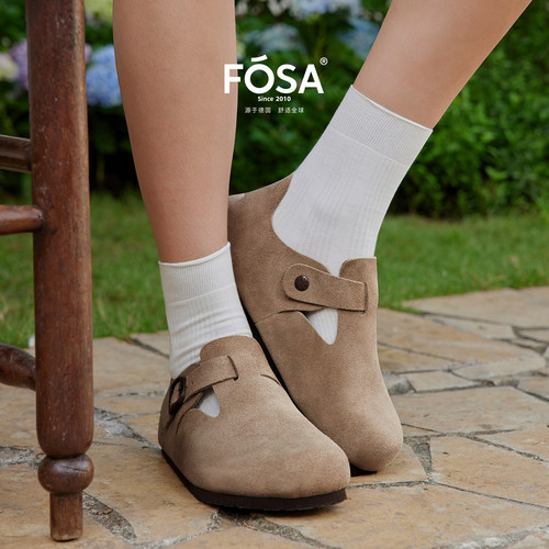 FOSA（女鞋）张元英同款学生勃肯鞋外穿春秋真皮全包女士一脚蹬鞋 - 图3