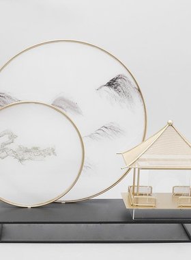 现代新中式轻奢铁艺假山微景观摆件样板房玄关酒S店售楼处软装饰