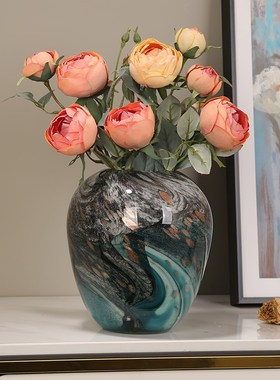 彩色墨兰琉璃花瓶摆件现代轻奢样板间玻璃装饰品餐桌插花摆设复古