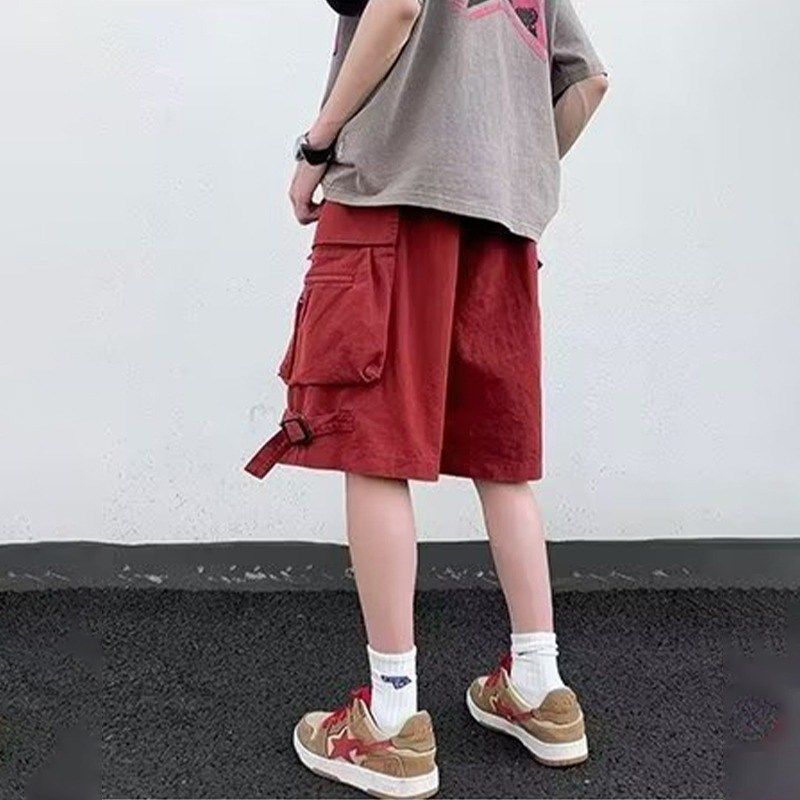 美式复古酒红色工装短裤男夏季潮牌机能裤子宽松阔腿过膝六七分裤,淘宝优惠券,粉丝福利购,淘宝优惠卷