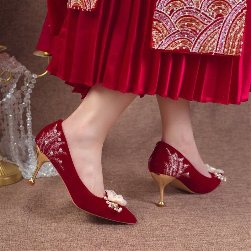 细跟婚鞋孕妇新娘鞋女禾秀主婚纱两穿不累脚浅口酒红色高跟鞋单鞋,淘宝优惠券,粉丝福利购,淘宝优惠卷