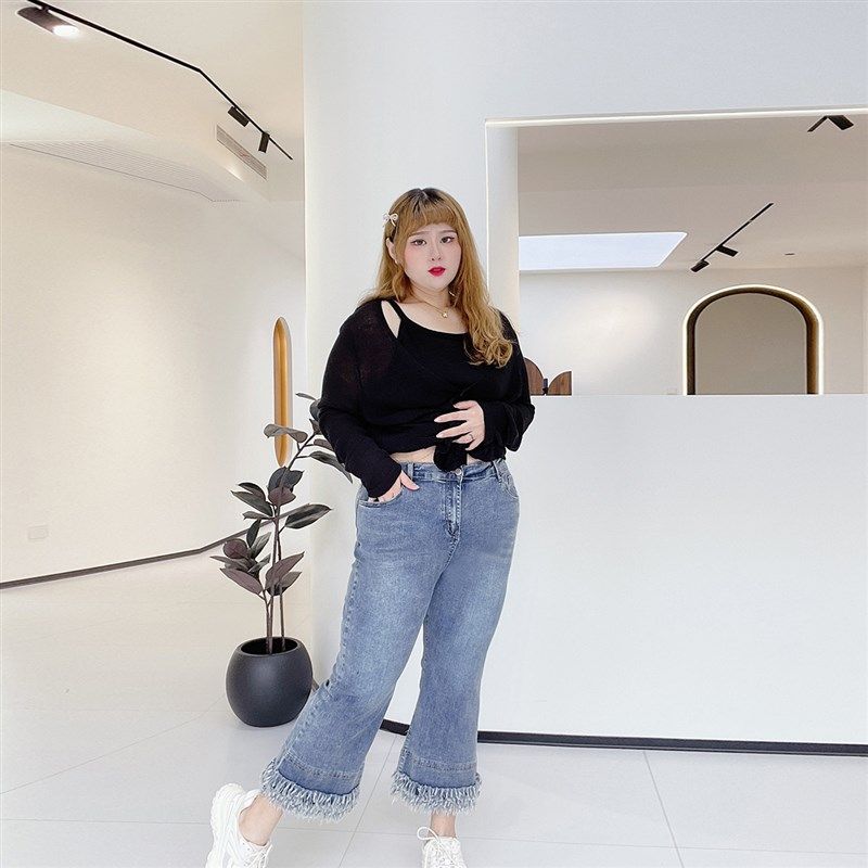 260斤显瘦胖仙女莹莹大码女装胖mm秋季复古休闲微喇毛边牛仔裤子,淘宝优惠券,粉丝福利购,淘宝优惠卷