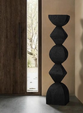 栗石【无尽之柱】侘寂风碳化木落地大摆件L样板房民宿实木艺术装