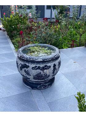 石雕鱼缸花盆福字荷花缸天然青石狮子头大石缸圆形造景盆门海摆件