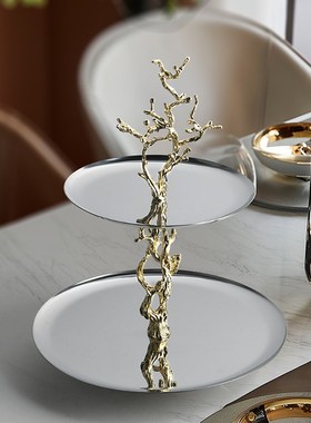 金属银色双层果盘蛋形花器装饰品样板房客厅茶几餐桌托盘花瓶摆件