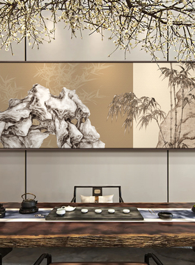 新中式茶室禅意石竹双清图大幅尺寸高档挂画客厅沙发背景装饰画