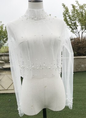新娘结婚轻婚纱披肩外搭夏季薄款2021洋气配裙子长袖钉珠低领外套
